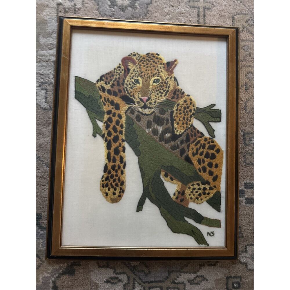 Vintage 1970s Bucilla Leopard On a Tree Limb Crewel Embroidery On Canvas 24x 20